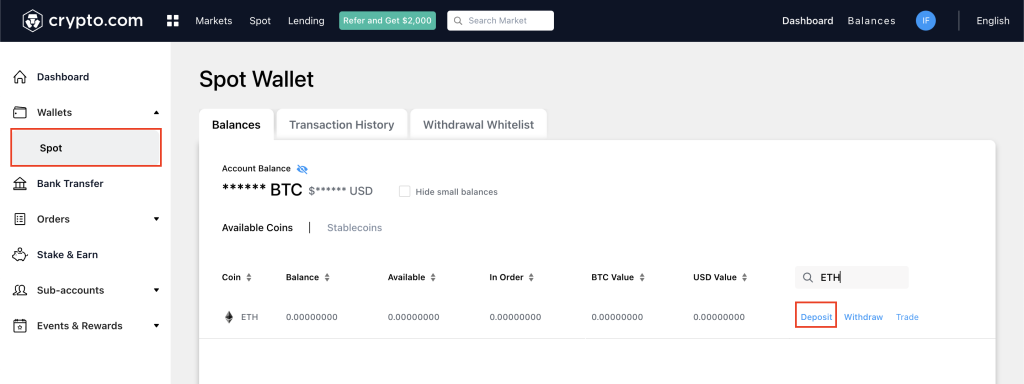 Deposit ETH into Crypto.com