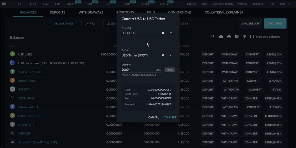 FTX USDT Conversion Rate