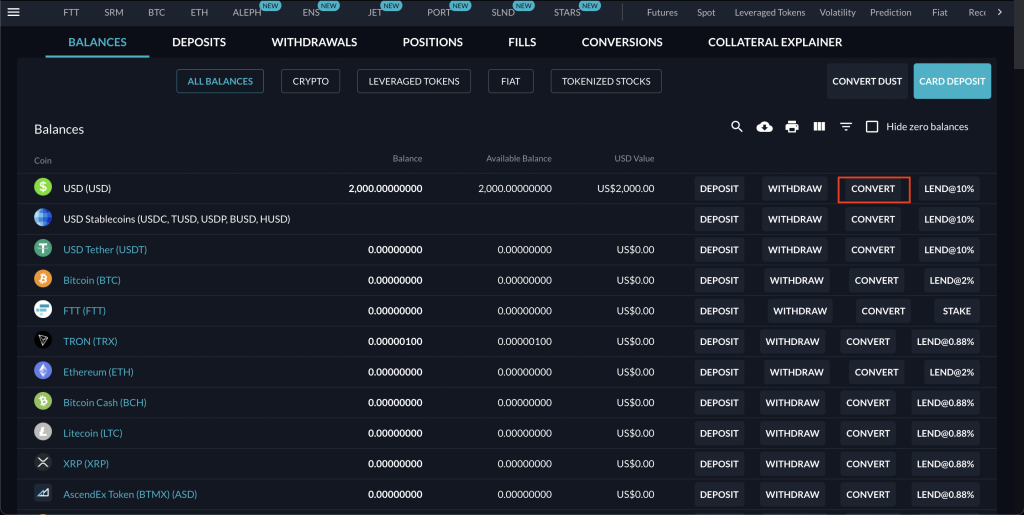 FTX Converting USD to USDT