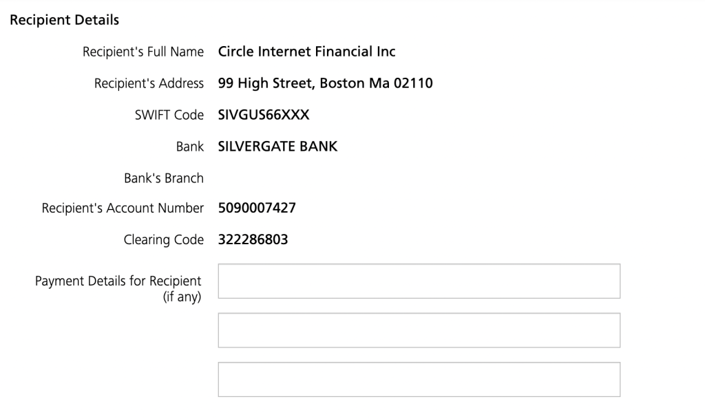 USDC Bank Details