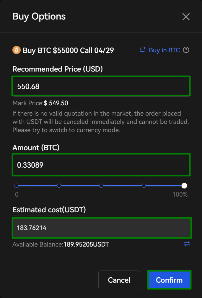 Bitcoin call option on OKX